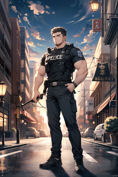  best quality, masterpiece, super high resolution, simple background, realism, illustrations, volumetric lighting,single,1boy, muscle, facial hair, serious,full body, crew cut,armed police, on_the_road, bulgeJ8, fazhen,asian