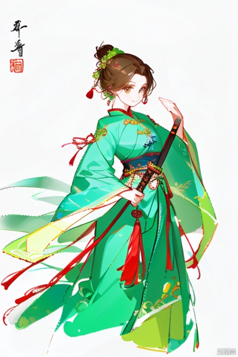  An animated figure dressed in a green classical Chinese costume with a brown updo, a woman warrior, holding a sword in her hand