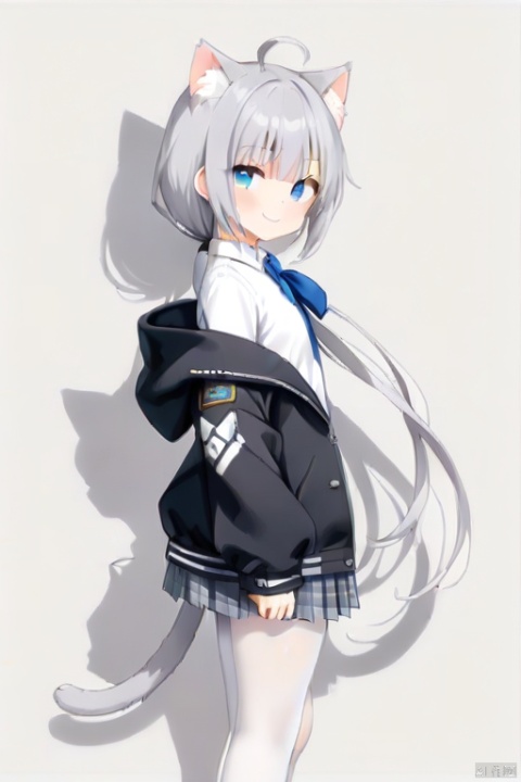  masterpiece, best quality,cat ears, blue eyes, cat ears, cat tail, sleeves past wrists, black hooded jacket, shirt, skirt, long hair, collared shirt, white shirt, bangs,white background, pleated skirt, blue bow, sleeves past fingers, grey hair,smile, standing, off shoulder, long sleeves,plaid, plaid skirt, grey skirt, shadow,puffy long sleeves,open jacketn,(ahoge),(((from side))),(((low ponytail))),looking_at_viewer, cat girl, hoshi (snacherubi), white pantyhose