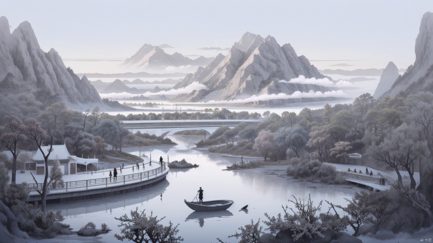 one person fishing on a boat,snow,high mountains,cold river,white,no person in the mountains,lonlyquite