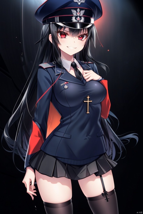  A young girl with long black hair, long vertical hair, red eyes, black officer's cap, evil smile, looking straight at me, black German army uniform, short skirt, black stockings, holding a cross, German officer, large chest, medal, Iron Cross, background is black, (black background), (pure black background), personal photo, Germany