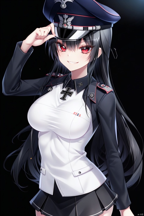 A young girl with long black hair, long vertical hair, red eyes, salute,black officer's cap, evil smile, looking straight at me, black German army uniform, short skirt, black stockings, holding a cross, German officer, large chest, medal, Iron Cross, background is black, (black background), (pure black background), personal photo, Germany