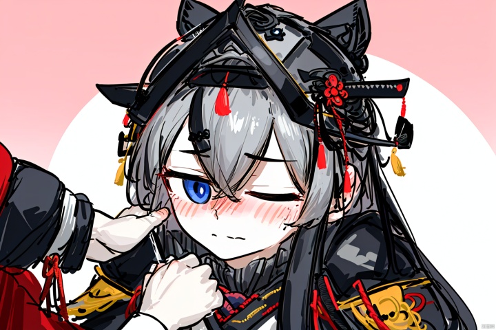  A girl with long black hair, eyes closed, Shy expression, blush, black samurai armor, black samurai helmet, Japanese samurai, touching the head, touching the back of the head