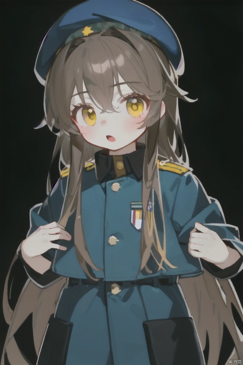 (A young girl with long brown hair), yellow eyes, wearing a blue beret, blue beret, long hair vertical, camo military uniform, camo military uniform, hands behind your back, at attention, on a pure black background