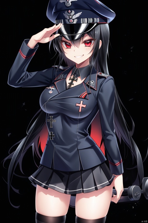 A young girl with long black hair, long vertical hair, red eyes, salute,black officer's cap, evil smile, looking straight at me, black German army uniform, short skirt, black stockings, holding a cross, German officer, large chest, medal, Iron Cross, background is black, (black background), (pure black background), personal photo, Germany