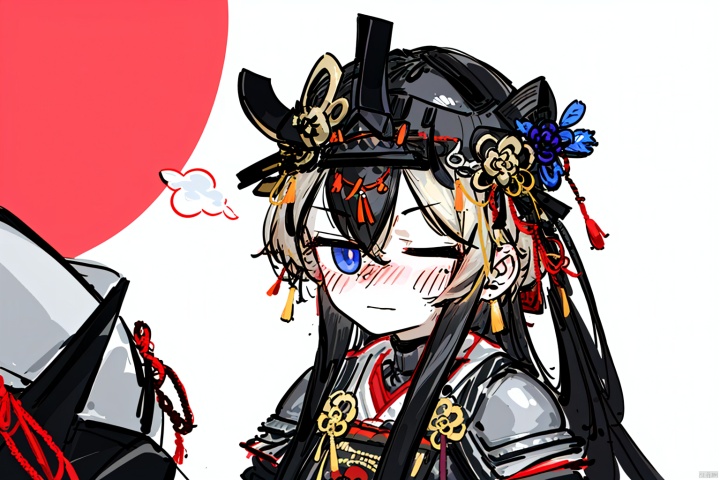  A girl with long black hair, eyes closed, Shy expression, blush, black samurai armor, black samurai helmet, Japanese samurai, touching the back of the head