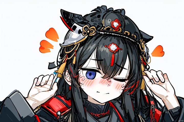  A girl with long black hair, eyes closed, Shy expression, blush, black samurai armor, black samurai helmet, Japanese samurai, touching the head, touching the back of the head