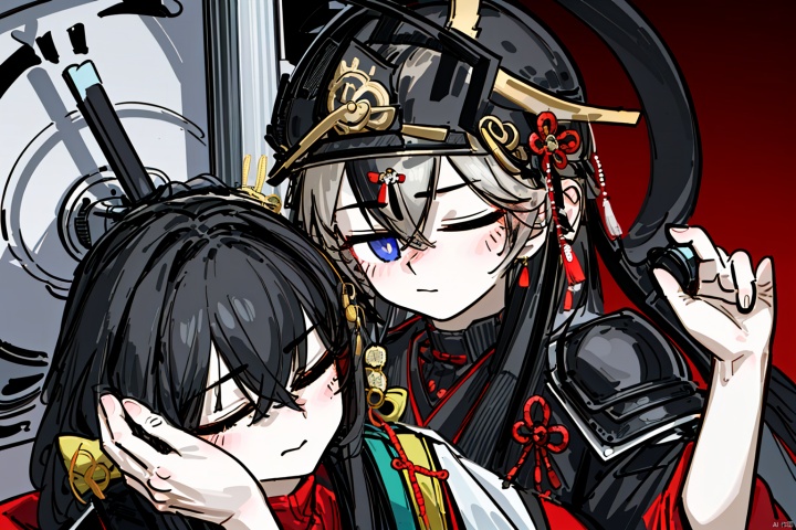  A girl with long black hair, eyes closed, Gas meter, black samurai armor, black samurai helmet, Japanese samurai, touching the head, touching the back of the head