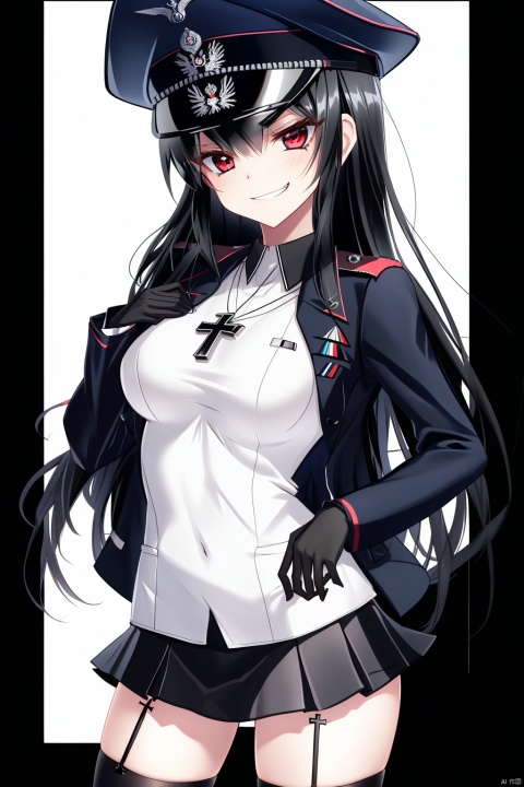  A young girl with long black hair, long vertical hair, red eyes, black officer's cap, evil smile, looking straight at me, black German army uniform, short skirt, black stockings, holding a cross, German officer, large chest, medal, Iron Cross, background is black, (black background), (pure black background), personal photo, Germany