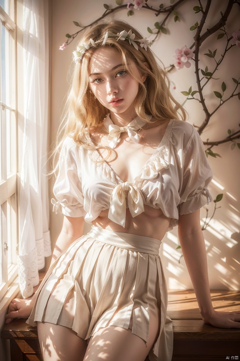 Single person, 1girl, exquisite eyes, full body lens, 8K, high resolution, high quality, exquisite wallpaper, high details, Korean style photo, sexy, (((blonde hair))),red lips, perfect face, exquisite facial features, mid chest, hands plucked hair, pleated skirt, white silk, bow tie, lace, detailed background, dynamic angle, horizontal perspective, female focus, realistic shadows, sunlight, colorful, top wearing white shirt, bottom wearing white pleated skirt, slim waist, perfect body, pure white skin,(((8分照))),