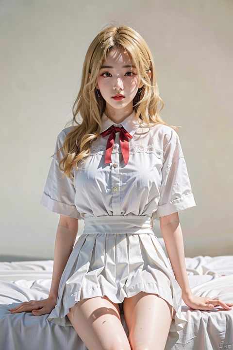 Single person, 1girl, exquisite eyes, full body lens, 8K, high resolution, high quality, exquisite wallpaper, high details, Korean style photo, sexy, (((blonde hair))),red lips, perfect face, exquisite facial features, mid chest, hands plucked hair, pleated skirt, white silk, bow tie, lace, detailed background, dynamic angle, horizontal perspective, female focus, realistic shadows, sunlight, colorful, top wearing white shirt, bottom wearing white pleated skirt, slim waist, perfect body, pure white skin,(((8分照))),