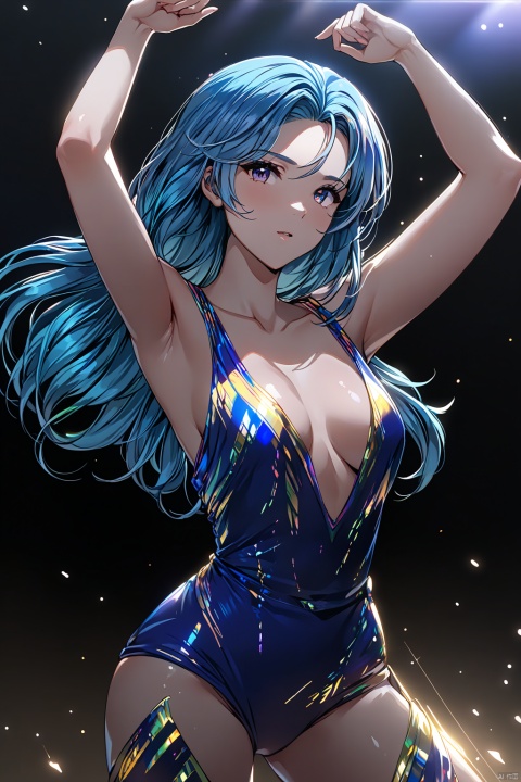  masterpiece, best quality, 1girl, shiny skin, cinematic lighting, medium breasts, looking at viewer,moyou, blue hairs, dancing, bailing_glitch_effect
