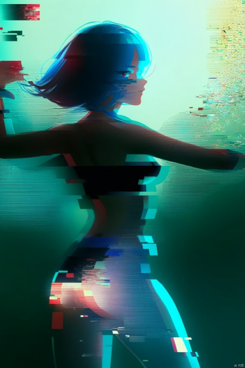  masterpiece, best quality, 1girl, shiny skin, cinematic lighting, medium breasts, looking at viewer,moyou, blue hairs, dancing, bailing_glitch_effect