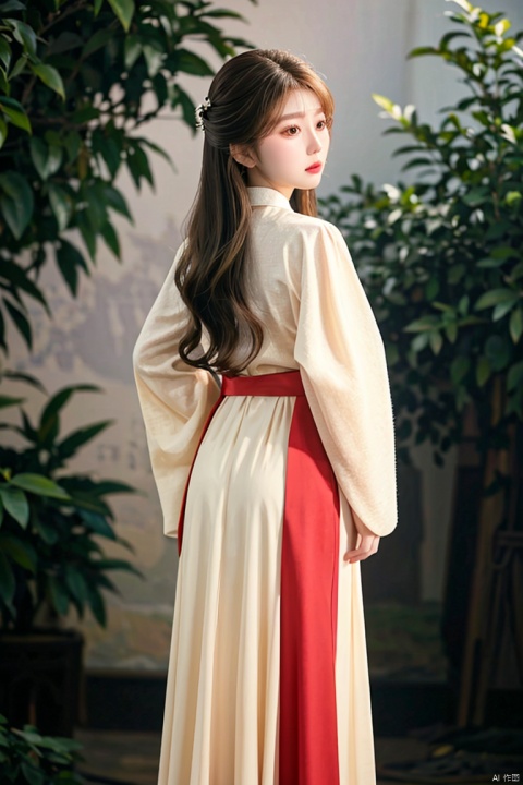 A beautiful Chinese woman, dressed in a flowing red Warring States period robe, solid colored Hanfu, brick red Hanfu, cotton and linen material, wide sleeves, belt and cuffs embroidered with some patterns, turned around and looked back, the hem of the skirt fluttered, simple ancient Chinese traditional hairstyle, clean background, blurred background, natural lighting, cinematic texture, soft lighting, captured by Canon cameras,8K --ar 3:4,<lora:660447313082219790:1.0>
