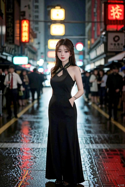 An enchanting Chinese girl with luminous eyes and flowing black hair, wearing a figure-hugging cheongsam that accentuates her curves. She's standing on a bustling street corner in Hong Kong, surrounded by the vibrant energy of the city, with neon lights reflecting off the rain-soaked pavement, exuding confidence and allure in the urban nightlife.,<lora:660447313082219790:1.0>