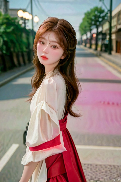 A petite, young girl with long red hair and a white dress walks on the gray street under the glow of the street lamps. As she looks up at the camera, her gaze reflects the light, creating a gentle glow that captivates the audience.,<lora:660447313082219790:1.0>