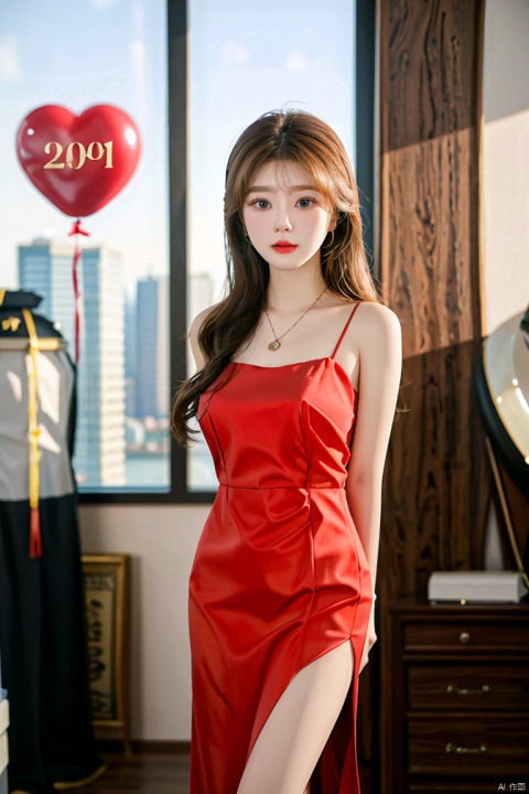 A stylish and modern celebration of "520" with a cute and sexy Chinese girl in a chic city apartment. The room is adorned with heart-shaped balloons and candles, and the girl is dressed in an elegant red dress, smiling as she opens a gift box containing a sparkling necklace. The city skyline is visible through the large windows, adding a touch of urban romance to the scene., ((poakl)),<lora:660447313082219790:1.0>