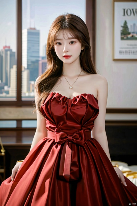 A stylish and modern celebration of "520" with a cute and sexy Chinese girl in a chic city apartment. The room is adorned with heart-shaped balloons and candles, and the girl is dressed in an elegant red dress, smiling as she opens a gift box containing a sparkling necklace. The city skyline is visible through the large windows, adding a touch of urban romance to the scene.,<lora:660447313082219790:1.0>