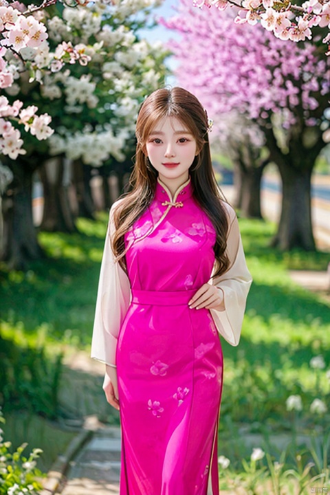 A captivating Chinese girl with a radiant smile, wearing a traditional silk qipao with intricate floral patterns. She is standing in a tranquil garden filled with cherry blossoms in full bloom, with delicate petals falling around her, creating an atmosphere of serene beauty and elegance.,<lora:660447313082219790:1.0>