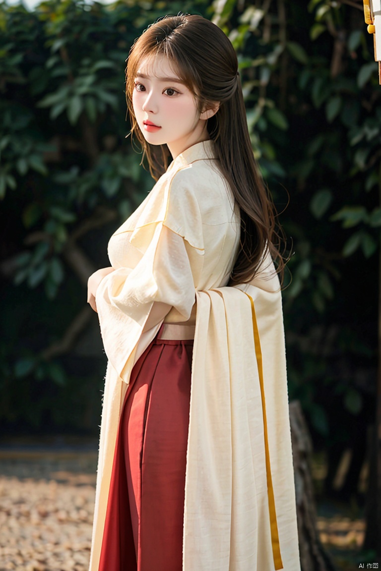 A beautiful Chinese woman, dressed in a flowing red Warring States period robe, solid colored Hanfu, brick red Hanfu, cotton and linen material, wide sleeves, belt and cuffs embroidered with some patterns, turned around and looked back, the hem of the skirt fluttered, simple ancient Chinese traditional hairstyle, clean background, blurred background, natural lighting, cinematic texture, soft lighting, captured by Canon cameras,8K --ar 3:4,<lora:660447313082219790:1.0>
