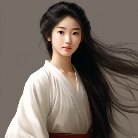 一个穿着素雅的布衣的中国成年女孩,瀑布般的长发