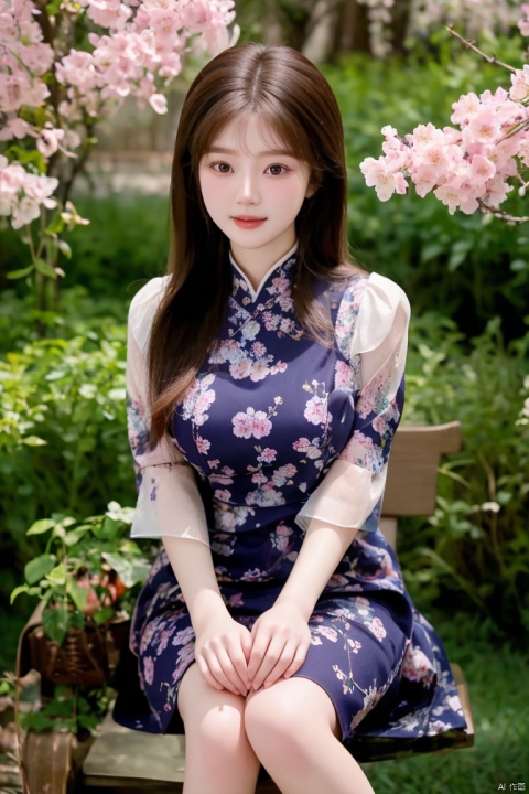 A captivating Chinese girl with a sweet smile, wearing a floral-print dress that flows gracefully around her figure. She's sitting on a rustic wooden bench in a serene garden, surrounded by blooming cherry blossom trees and colorful butterflies flitting through the air, radiating innocence and natural beauty., ((poakl))