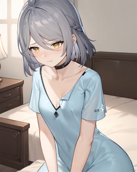  masterpiece,best quality,very aesthetic,absurdres,
bedroom,ankaxiya,skin01,1girl,solo,shy,yellow eyes,black choker,grey hair,collarbone,braid,short sleeves,bangs,smallbreasts,dress,