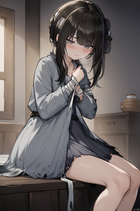  masterpiece,best quality,very aesthetic,absurdres,
bedroom,mansui,1girl,solo,black hair,jewelry,long sleeves,torn clothes,closed mouth,grey eyes,bandages,long hair,bangs,grey dress,mole under eye,skirt lift,nsfw,shy,sitting