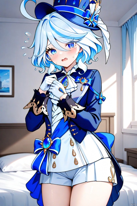 (masterpiece),(bestquality),cowboy shot, furina,1girl,solo, blue headwear, looking at viewer, full body, long sleeves, blue jacket, tearing up, white gloves, top hat, ascot, short hair, white shirt, flying sweatdrops, brooch, blackgloves,tears in eyes, bedroom,