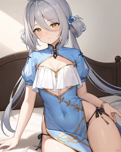  masterpiece,best quality,very aesthetic,absurdres,
bedroom,ankaxiya,skin04,1girl,solo,underwear,long hair,side-tie panties,chinese clothes,short sleeves,yellow eyes,china dress,twintails,blue dress,ahoge,bangs,grey hair,hair between eyes,hair ornament,hairrings,