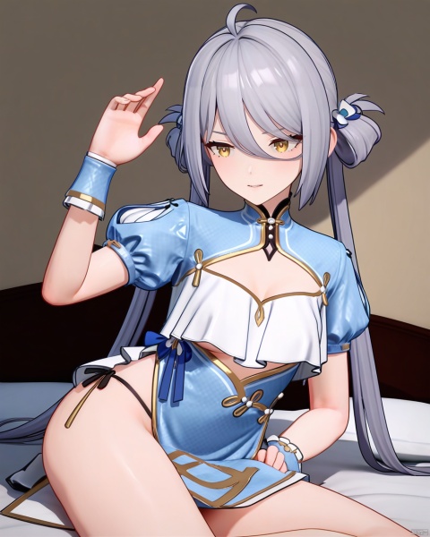  masterpiece,best quality,very aesthetic,absurdres,
bedroom,3dstyle,ankaxiya,skin04,1girl,solo,underwear,long hair,side-tie panties,chinese clothes,short sleeves,yellow eyes,china dress,twintails,blue dress,ahoge,bangs,grey hair,hair between eyes,hair ornament,hairrings,