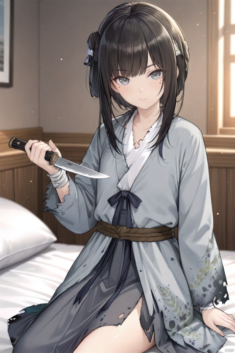 (masterpiece),(best quality),illustration,ultra detailed,hdr,Depth of field,(colorful),chop towards viewer,holding knife,bedroom,sitting on bed,,mansui,1girl,solo,black hair,jewelry,long sleeves,torn clothes,closed mouth,grey eyes,bandages,long hair,bangs,grey dress,mole under eye,