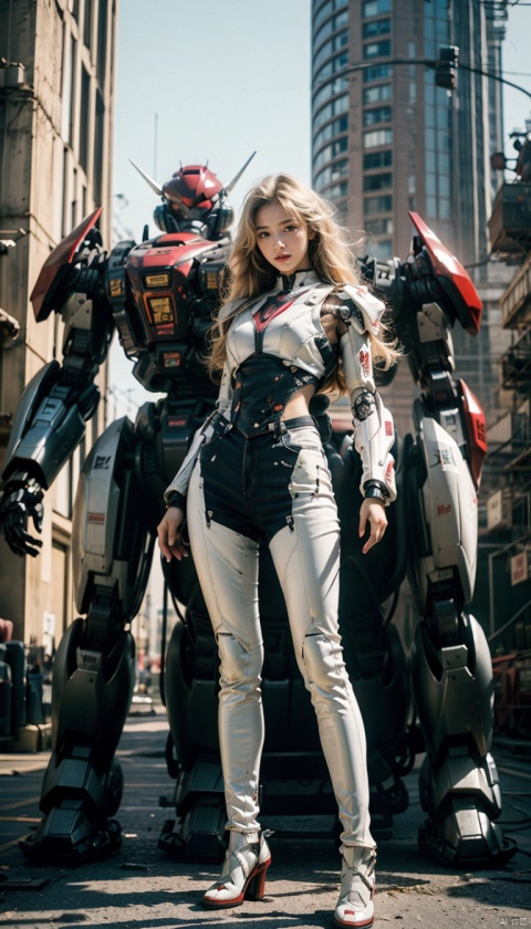  (best quality),(masterpiece),an extremely delicate and beautiful girl,official art,ultra-detailed,(light on face),looking at viewer,(1girl:1.5),solo,standing in front of a big robot
,(long floating blonde hair),Mecha warrior,BREAK, (black mecha:1.2),red mecha,gloden mecha,sunlight,super_mecha,machinery,Real,1girl,robot,mech,Pink Mecha,cyberpunk,steampunk