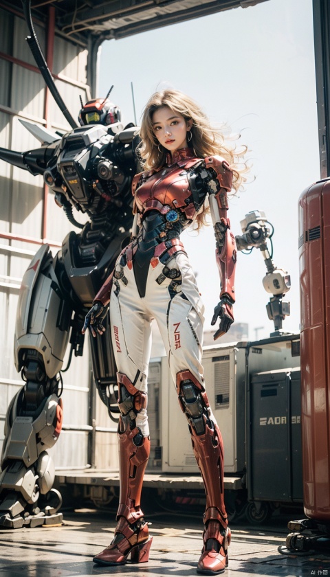  (best quality),(masterpiece),an extremely delicate and beautiful girl,official art,ultra-detailed,(light on face),looking at viewer,(1girl:1.5),solo,standing in front of a big robot
,(long floating blonde hair),Mecha warrior,BREAK, (black mecha:1.2),red mecha,gloden mecha,sunlight,super_mecha,machinery,Real,1girl,robot,mech,Pink Mecha,cyberpunk,steampunk, 1 girl,moyou