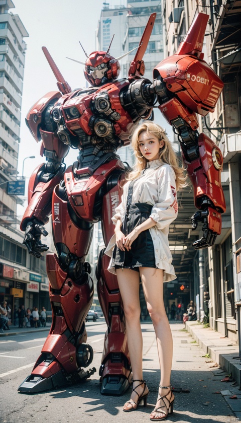  (best quality),(masterpiece),an extremely delicate and beautiful girl,official art,ultra-detailed,(light on face),looking at viewer,(1girl:1.5),solo,standing in front of a big robot
,(long floating blonde hair),Mecha warrior,BREAK, (black mecha:1.2),red mecha,gloden mecha,sunlight,super_mecha,machinery,Real,1girl,robot,mech,Pink Mecha,cyberpunk,steampunk, 1 girl,moyou