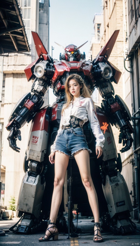  (best quality),(masterpiece),an extremely delicate and beautiful girl,official art,ultra-detailed,(light on face),looking at viewer,(1girl:1.5),solo,standing in front of a big robot
,(long floating blonde hair),Mecha warrior,BREAK, (black mecha:1.2),red mecha,gloden mecha,sunlight,super_mecha,machinery,Real,1girl,robot,mech,Pink Mecha,cyberpunk,steampunk, 1 girl,moyou