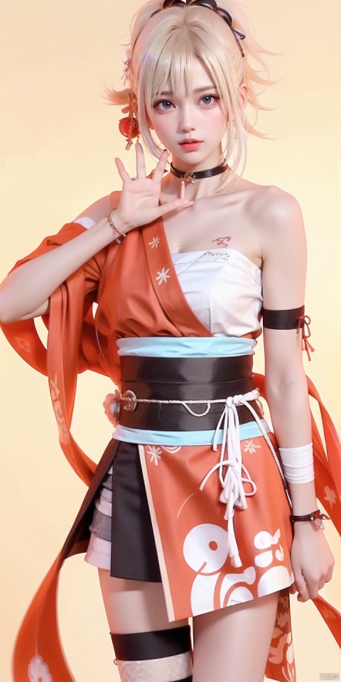  XG,1girl,yoimiya \(genshin impact\),solo,bandages,japanese clothes,sarashi,bandaged leg,choker,blonde hair,hadanugi dousa,kimono,geta,orange kimono,hair ornament,ponytail,jewelry,bandaged arm,sash,obi,looking at viewer,bangs,shimenawa,tabi,red choker,
hair between eyes,bare shoulders,
thighhighs,, (raw photo:1.2),((photorealistic:1.4))best quality,masterpiece,illustration,an extremely delicate and beautiful,extremely detailed,CG,unity,8k wallpaper,Amazing,finely detail,masterpiece,best quality,official art,extremely detailed CG unity 8k wallpaper,absurdres,incredibly absurdres,huge filesize,ultra-detailed,highres,extremely detailed,beautiful detailed girl,cinematic lighting,1girl,pale skin,tall female,(perfect body shape),skinny body,Slender legs,