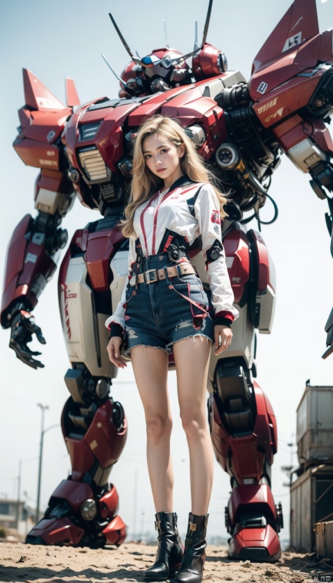  (best quality),(masterpiece),an extremely delicate and beautiful girl,official art,ultra-detailed,(light on face),looking at viewer,(1girl:1.5),solo,standing in front of a big robot
,(long floating blonde hair),Mecha warrior,BREAK, (black mecha:1.2),red mecha,gloden mecha,sunlight,super_mecha,machinery,Real,1girl,robot,mech,Pink Mecha,cyberpunk,steampunk, 1 girl,moyou