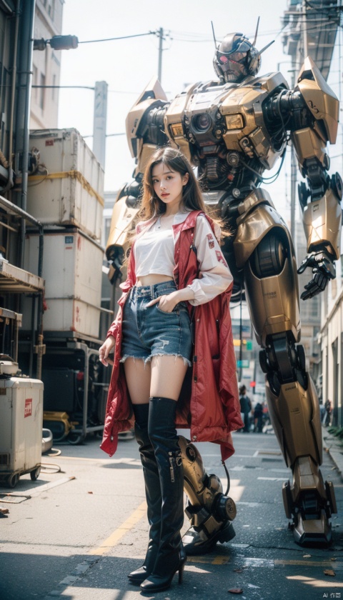  (best quality),(masterpiece),an extremely delicate and beautiful girl,official art,ultra-detailed,(light on face),looking at viewer,(1girl:1.5),solo,standing in front of a big robot
,(long floating blonde hair),Mecha warrior,BREAK, (black mecha:1.2),red mecha,gloden mecha,sunlight,super_mecha,machinery,Real,1girl,robot,mech,Pink Mecha,cyberpunk,steampunk, 1 girl