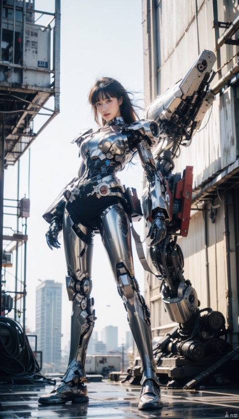 (best quality),(masterpiece),an extremely delicate and beautiful girl,official art,ultra-detailed,(light on face),looking at viewer,(1girl:1.5),solo,standing in front of a big robot
,(long floating blonde hair),Mecha warrior,BREAK, (black mecha:1.2),red mecha,gloden mecha,sunlight,super_mecha,machinery,Real,1girl,robot,mech,Pink Mecha,cyberpunk,steampunk, 1 girl,moyou