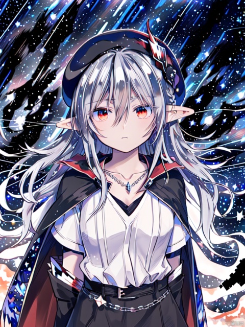 ((best quality)), highly detailed, finely detail, (extremely detailed CG unity 8k wallpaper), masterpiece, illustration, breeze, detailed lighting, masterpiece, illustration, {beautiful detailed sky},beautiful detailed eyes, expressionless, vampire, solo, necklace, {{black beret}}, {black cape}, (red inner cape), silver hair, medium hair, expressionless, {glinting stars}, ((hair between eyes)), disheveled hair, {{red eyes}}, {pointy ears}, {Depth of field}, (starry tornado:1.4), {starry Nebula},