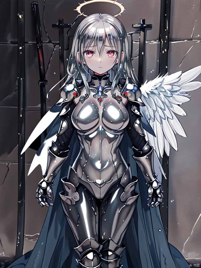 extremely detailed CG unity 8k wallpaper,（masterpiece）,best quality, illustration,(1 girl)，wet skin，expressionless，1 halo，(silver  armor),metal，complex pattern,corner，cape，indifference，（in castle）,Carry a sword，angel wings on  back,sacred,