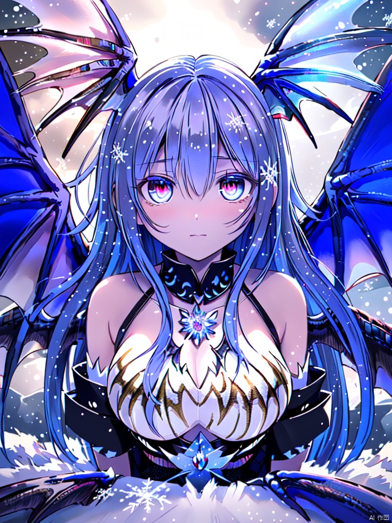 ((best quality)), ((masterpiece)), ((ultra-detailed)), extremely detailed CG, (illustration), ((detailed light)), (an extremely delicate and beautiful), a girl, solo, ((upper body,)), ((cute face)), expressionless, (beautiful detailed eyes), blue dragon eyes, (Vertical pupil:1.2), white hair, shiny hair, colored inner hair, (Dragonwings:1.4), [Armor_dress], blue wings, blue_hair ornament, ice adorns hair, [dragon horn], depth of field, [ice crystal], (snowflake), [loli], [[[[[Jokul]]]]],