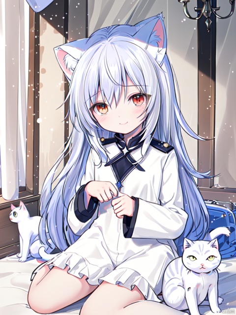 long hair,hair ornament,{{best quality}, {{masterpiece}}, {highres}, original, extremely detailed wallpaper, loli,((white cat ears)){an extremely delicate and beautiful},1girl,extremely detailed,blue hair,messy hair,{light smile},{military uniform},{portrait},{red eyes},small chest,dramatic angle,{magzine},depth of field,,