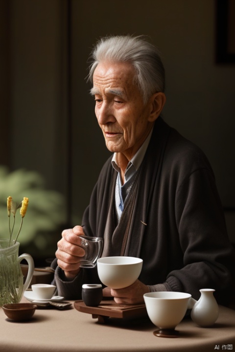 A wise old man sat drinking tea.