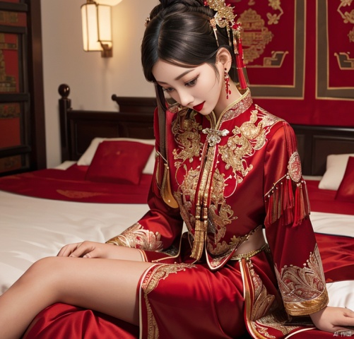 best quality,highly detailed,
a woman in a red and gold clothes, phoenix coronet,(sitting on red bed),blush,shy,black_hair, looking down, earrings, indoors, jewelry, long_sleeves, red lips, tassel, Red quilt,(red palace:1.2),