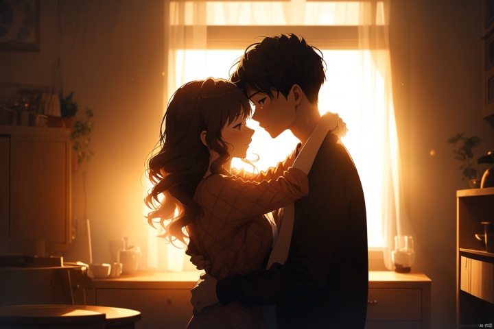 A tender embrace of a loving couple,drawn in a hand-painted style,with 8k resolution,soft lighting,a cozy indoor setting,warm colors,sweet expressions,rich in detail,delicate in emotion,and a simple background., pjcouple,backlight,cozy anime