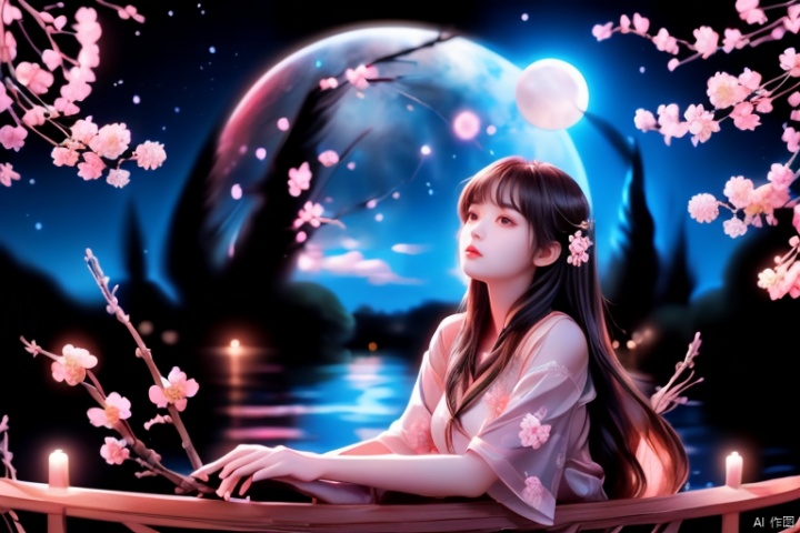 A young girl lying comfortably on a boat, looking up at the starry night sky filled with colorful flowers surrounding the boat, reflecting the bright moon on the lake surface, distant cherry blossom scenery in the background, medium and long distance view, deep depth of field, detailed details. High resolution image, vivid colors, dreamy atmosphere, romantic scene, beautiful night sky, blooming flowers, reflection of the moon on the lake, distant cherry blossoms, serene environment, peaceful mood, starry sky, flower decoration, boat ride, comfortable position, young girl's innocence, tranquility., eluosi, blackpantyhose, qiqiu, 1girl