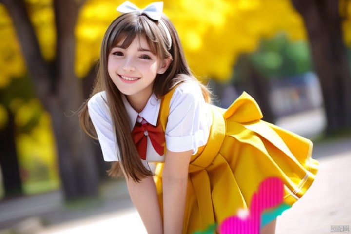1girl, beautiful face, full body, long legs, solo, brown hair, smile, bow, hands on face, hair bow, girl, heart, brown eyes, short sleeves, hands on cheeks, yellow JK uniform skirt, fantasy background, blurred background, depth of field, tilted head,