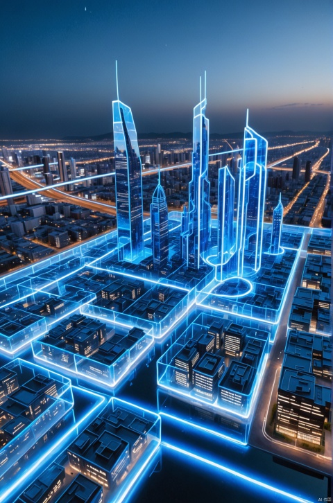 Drone view, A meandering stream of glowing blue information flows through the blue transparent glass model of the city into the distance, Glass building with blue wire frame,Blue and white neon light, Horizon line, Modern design, hologram, Science fiction,no human, made of glass